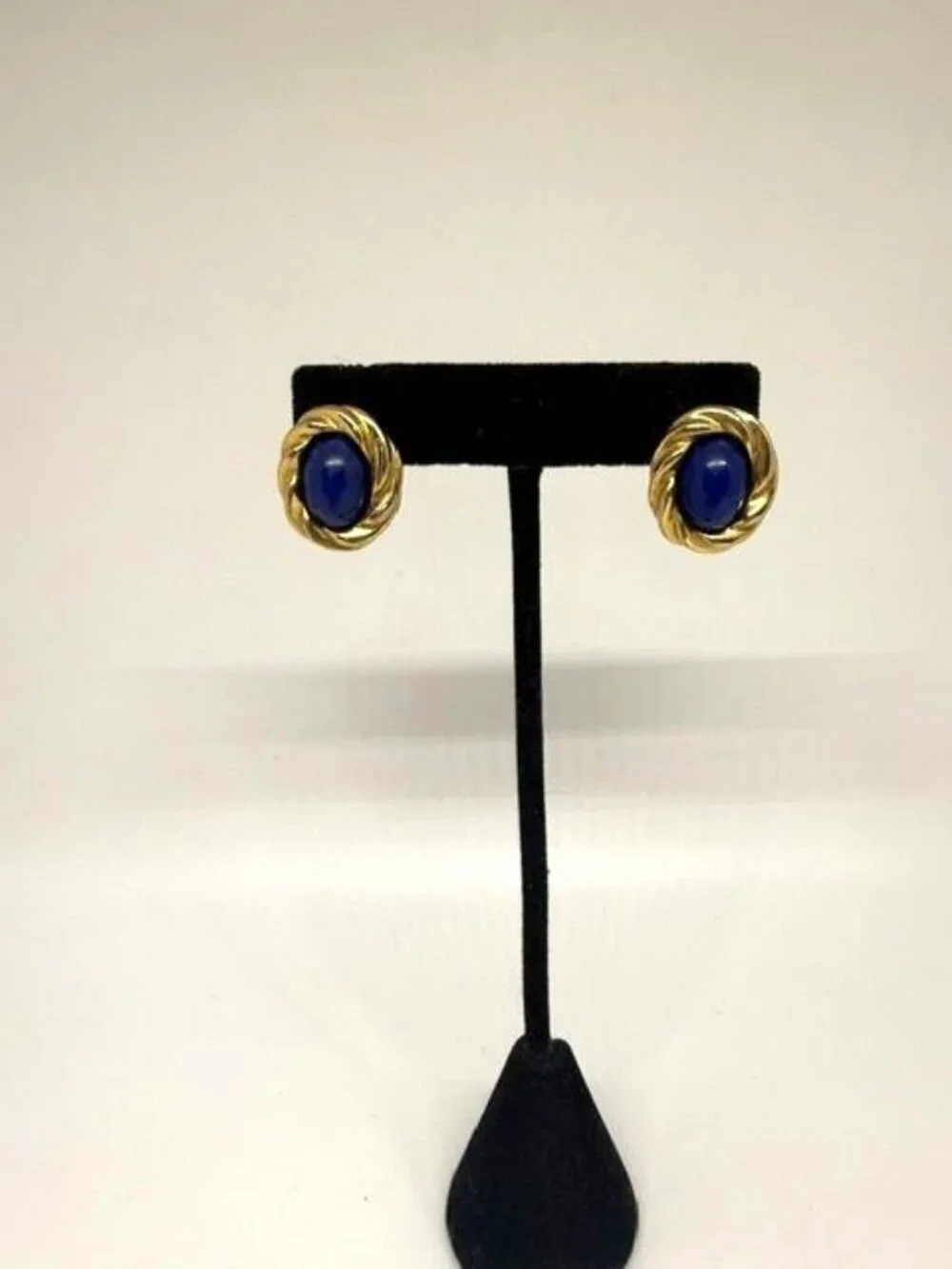 KJL Kenneth Jay Lane for Avon Blue Cabochon & Gold Tone Twist Stud Earrings - Picture 1 of 5